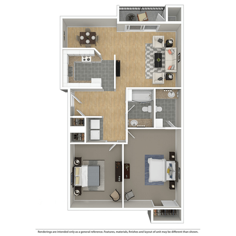Floor plan for 2 beds, 2 baths, 1051 sqft